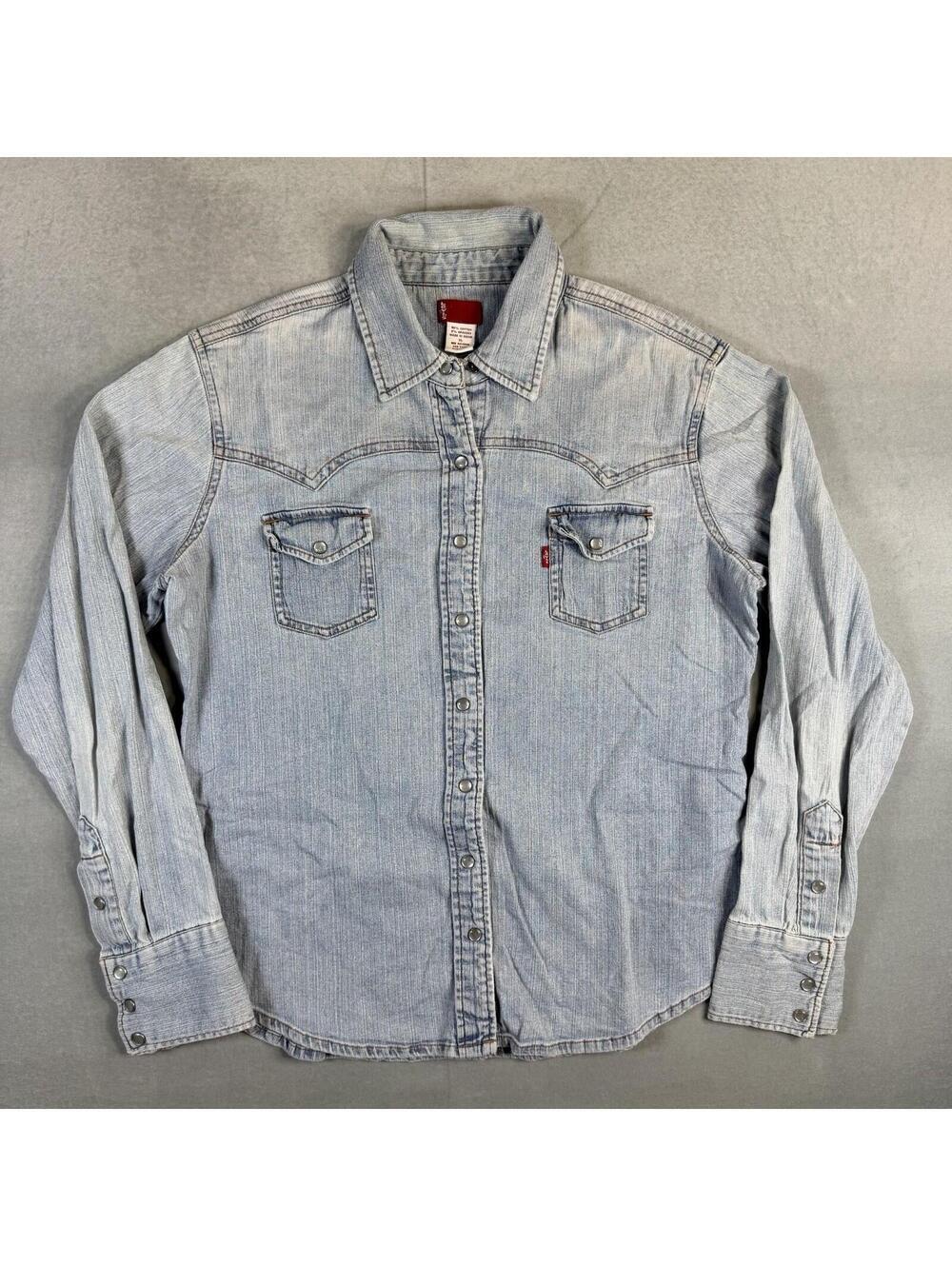 Vintage 90s Levis Red Tab Western Pearl Snap Denim Shirt Womens XL Blue Stretch